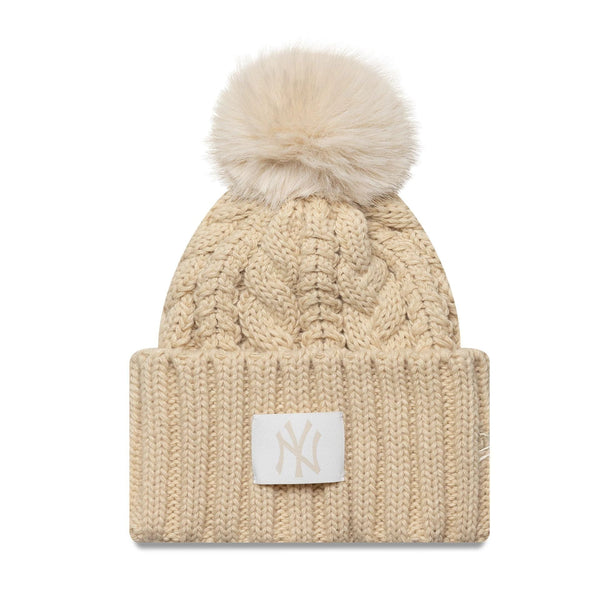 New York Yankees MLB Light Beige Cable Knit Beanie Hat - kötött sapka