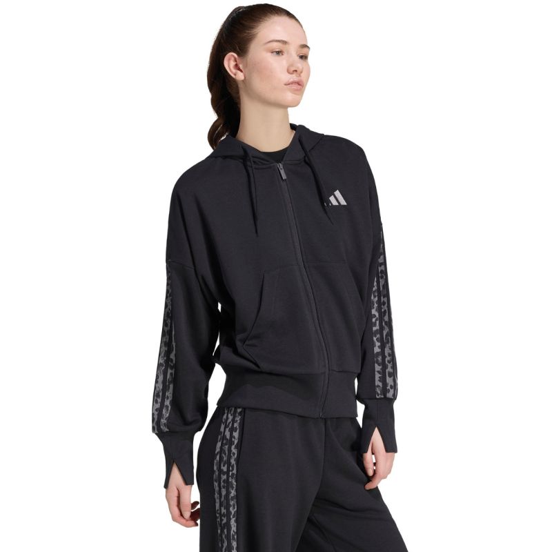 Adidas Seasonal Essentials Animal Print 3-Stripes Full-Zip Hooded Sweatshirt női kapucnis pulóver, fekete