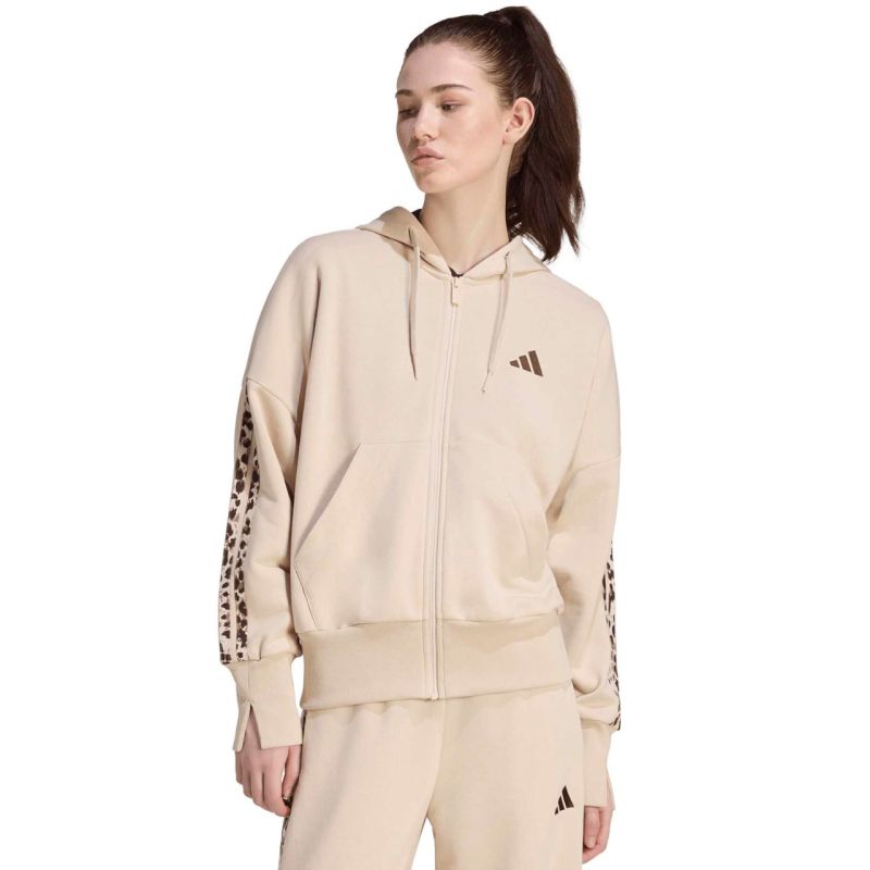 Adidas Seasonal Essentials Animal Print 3-Stripes Full-Zip Hooded Sweatshirt női kapucnis pulóver, bézs