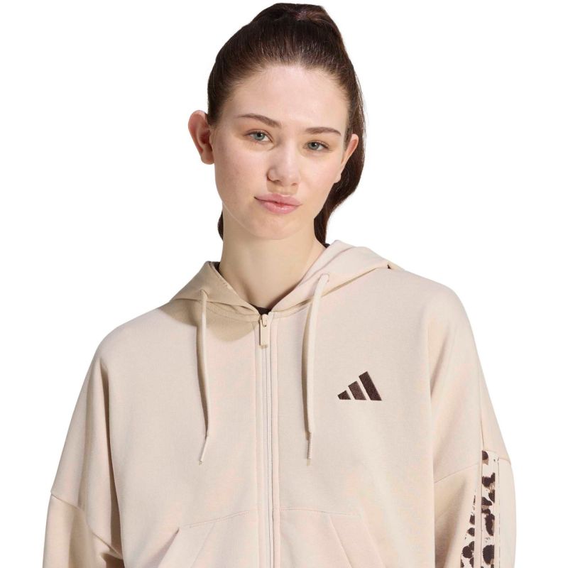 Adidas Seasonal Essentials Animal Print 3-Stripes Full-Zip Hooded Sweatshirt női kapucnis pulóver, bézs