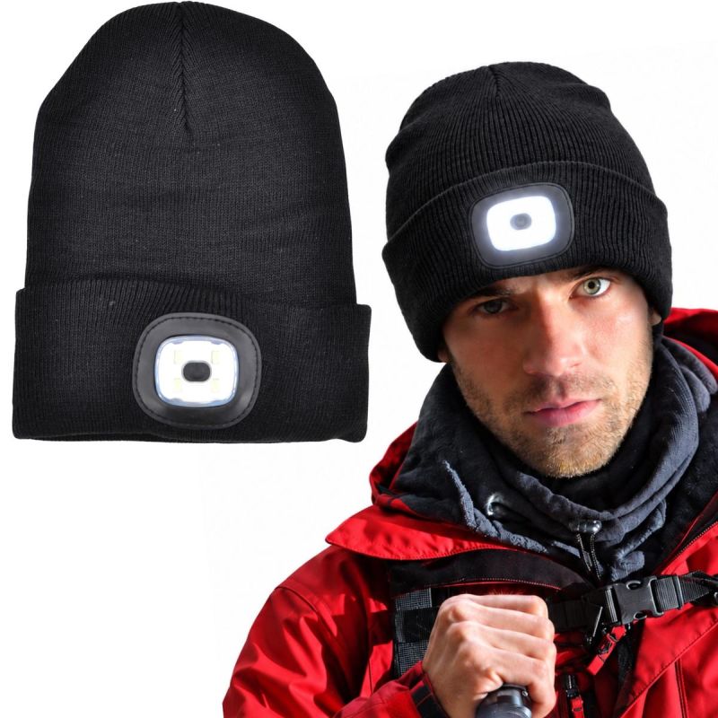 head Beanie With 4-Led Headlamp, 120 Lm, 3 Modes, For Outdoor Activities fekete kötött sapka GSP-1088211
