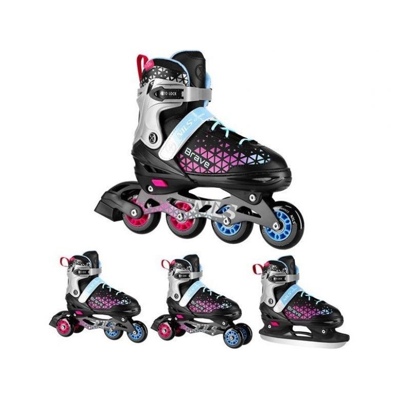 NH18190A 4-in-1 BRAVE PINK ROLLER SKATES SIZE S (29-33) WITH NILS EXTREME HOCKEY BOARD rózsaszín görkorcsolya