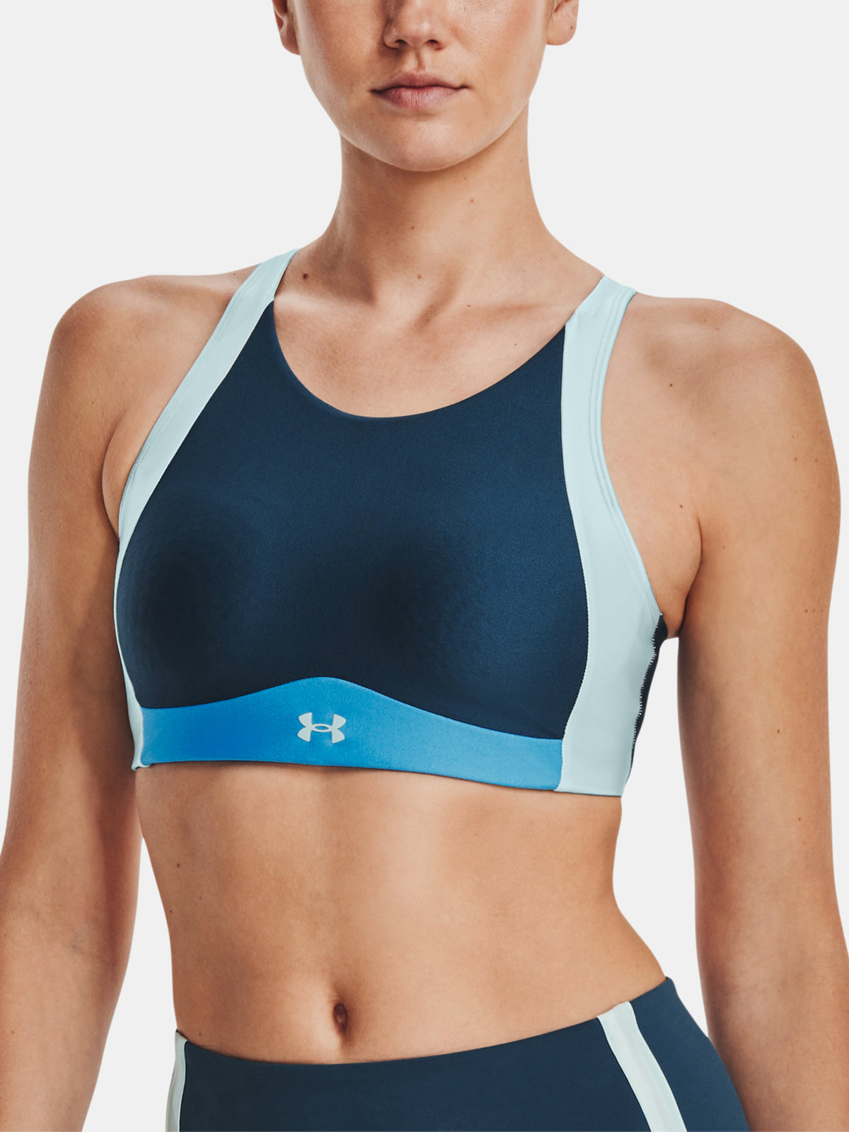Under Armour Dámská podprsenka UA Infinity Mid High Neck Shine kék női sportmelltartó