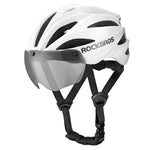 Rockbros Bike Helmet with Visor, Detachable UV Goggles, Unisex, Glossy - White biały helmets, glasses, training equipment