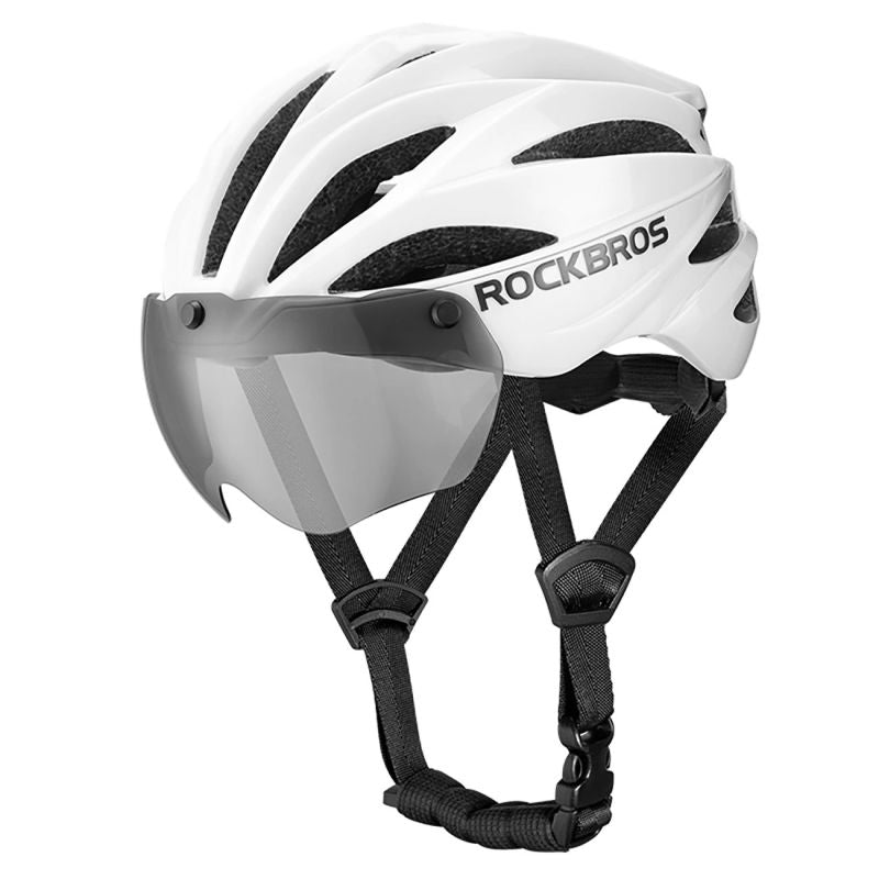 Rockbros Bike Helmet with Visor, Detachable UV Goggles, Unisex, Glossy - White biały helmets, glasses, training equipment