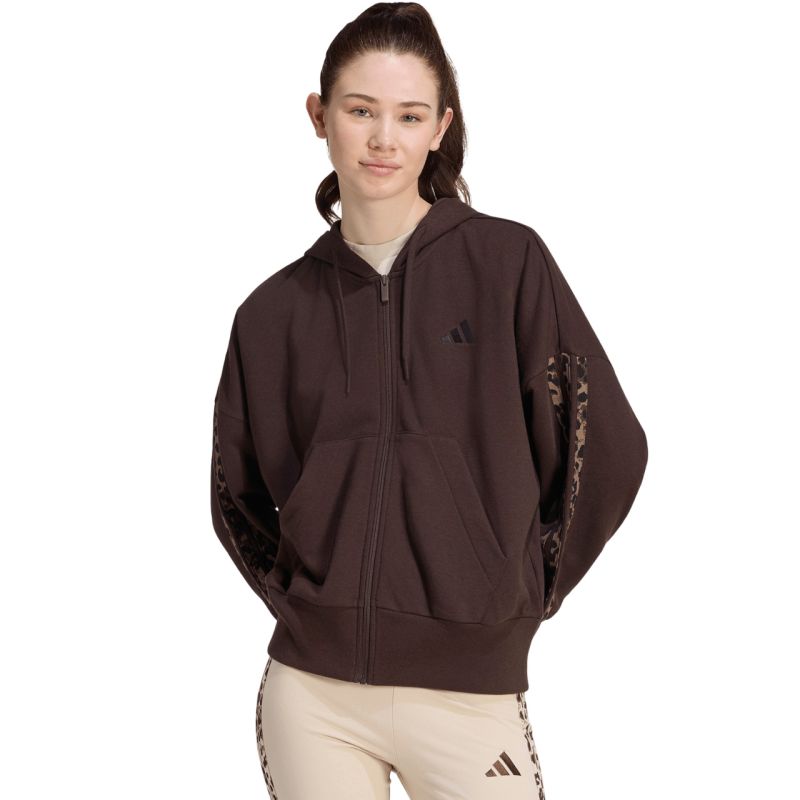 Adidas Women's Seasonal Essentials Animal Print 3-Stripes Full-Zip Hooded Sweatshirt Brown 2xs női kapucnis pulóver KV9299
