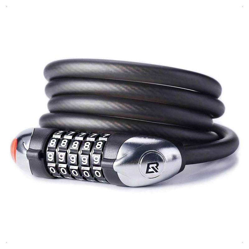 Rockbros bicycle lock with 5-digit code, steel cable, 120 cm, with LED lighting - black