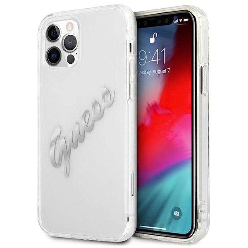Guess GUHCP12LKTRSVSI iPhone 12 Pro Max 6.7" Transparent hardcase Vintage Script ezüst kabát