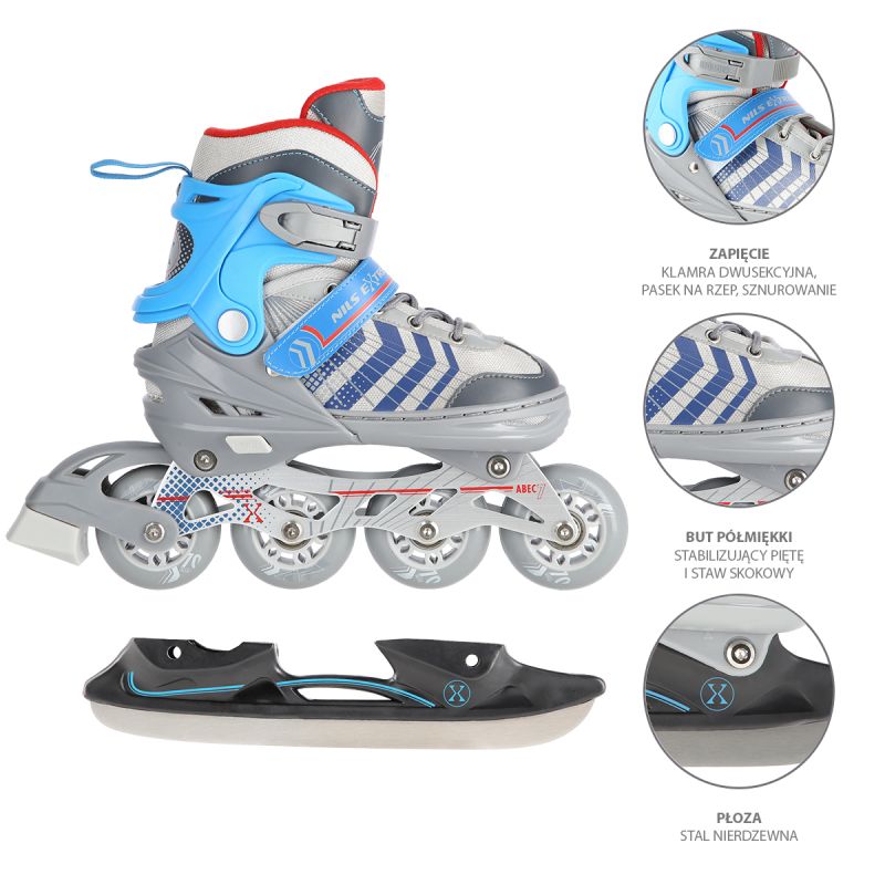 NH18192 4in1 GREY-BLUE SIZE S(29-33) ROLLER SKATES WITH HOCKEY SLEEVE NILS EXTREME kék görkorcsolya