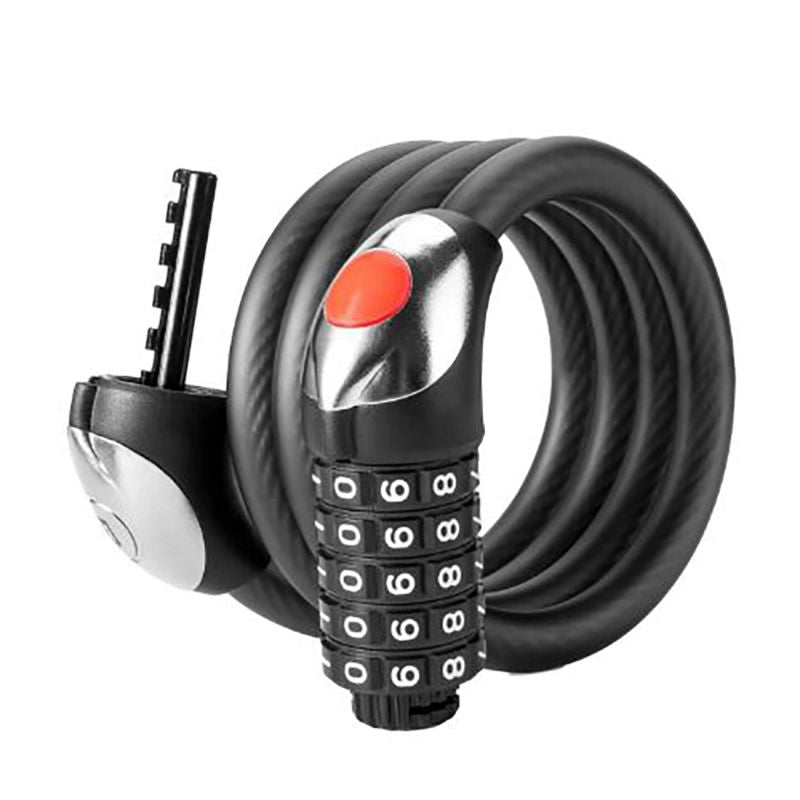 Rockbros bicycle lock with 5-digit code, steel cable, 120 cm, with LED lighting - black