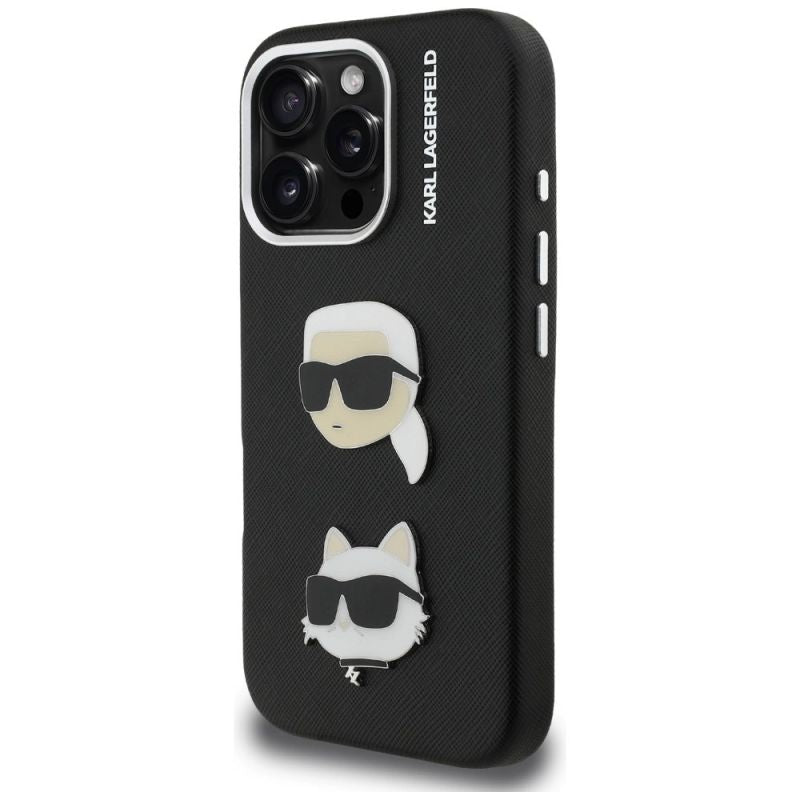 Karl Lagerfeld FW Grained Karl & Choupette Heads Pins Case for iPhone 16 Pro Max - fekete telefontok