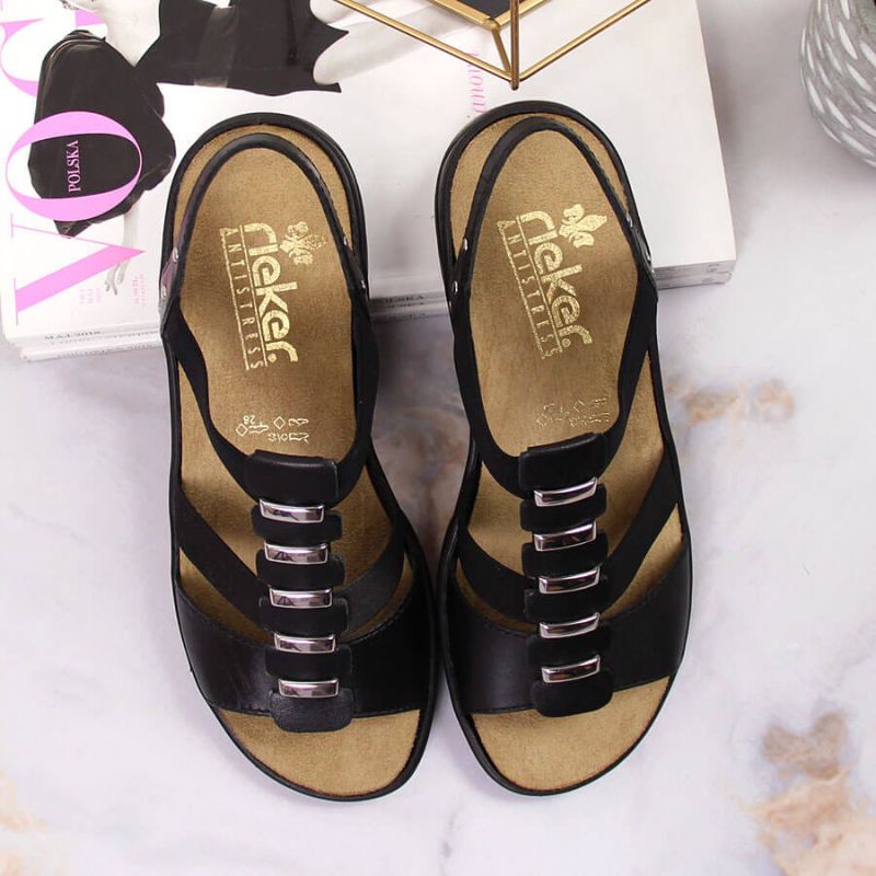 Black leather Roman sandals Rieker W fekete utcai cipő