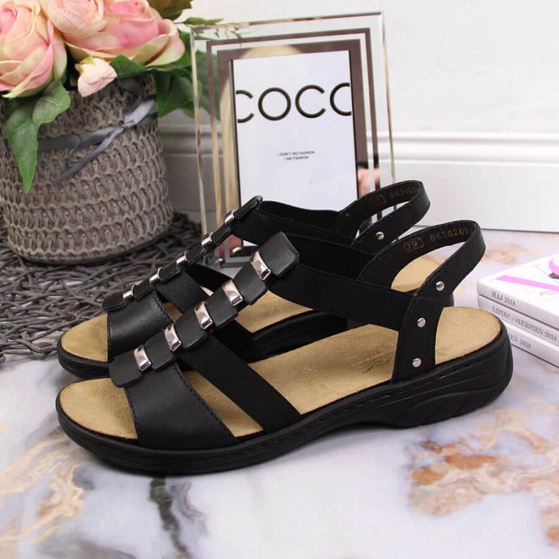 Black leather Roman sandals Rieker W fekete utcai cipő