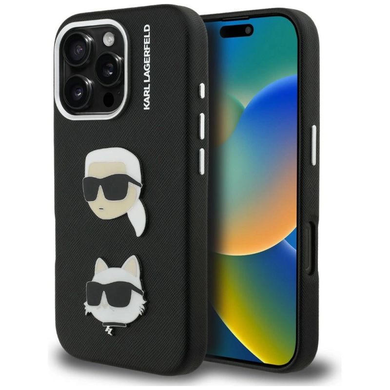 Karl Lagerfeld FW Grained Karl & Choupette Heads Pins Case for iPhone 16 Pro Max - fekete telefontok