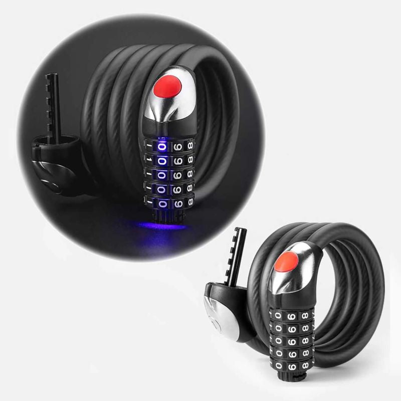 Rockbros bicycle lock with 5-digit code, steel cable, 120 cm, with LED lighting - black