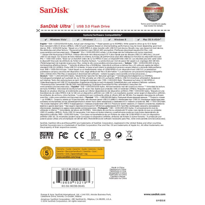 SanDisk Cruzer Ultra SDCZ48-064G-U46 Flash Drive (64GB; USB 3.0; Black)