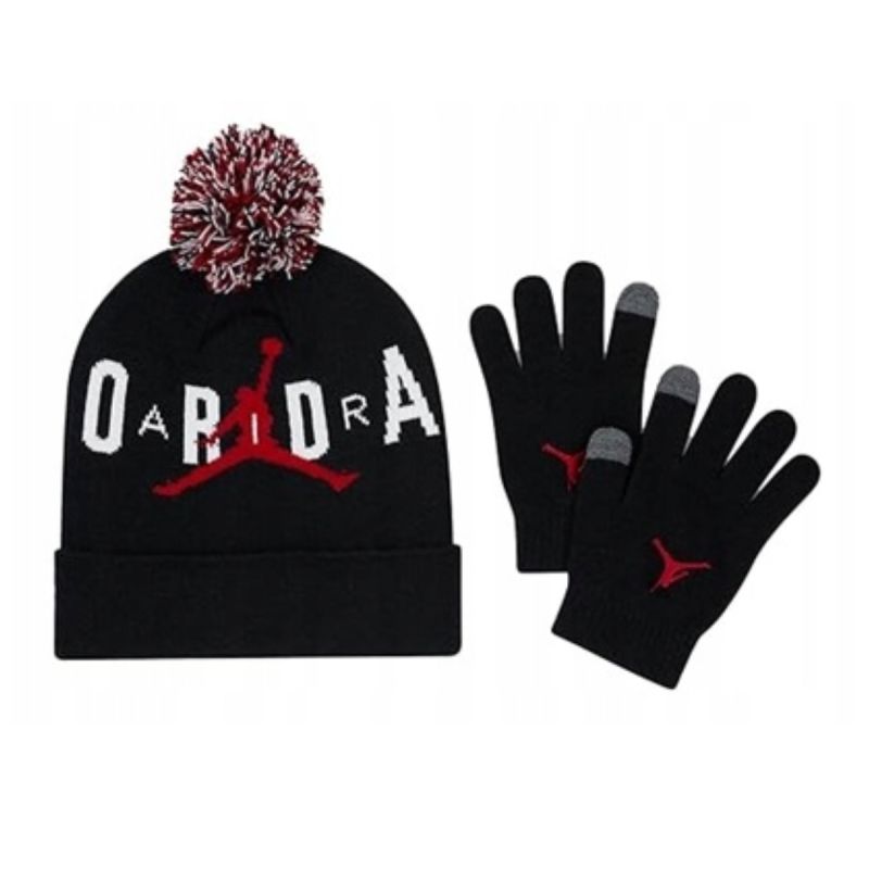 AIR Jordan Youth Set Winter Hat + Gloves Essential Pom Beanie Set Black - uniwersalny hats, gloves
