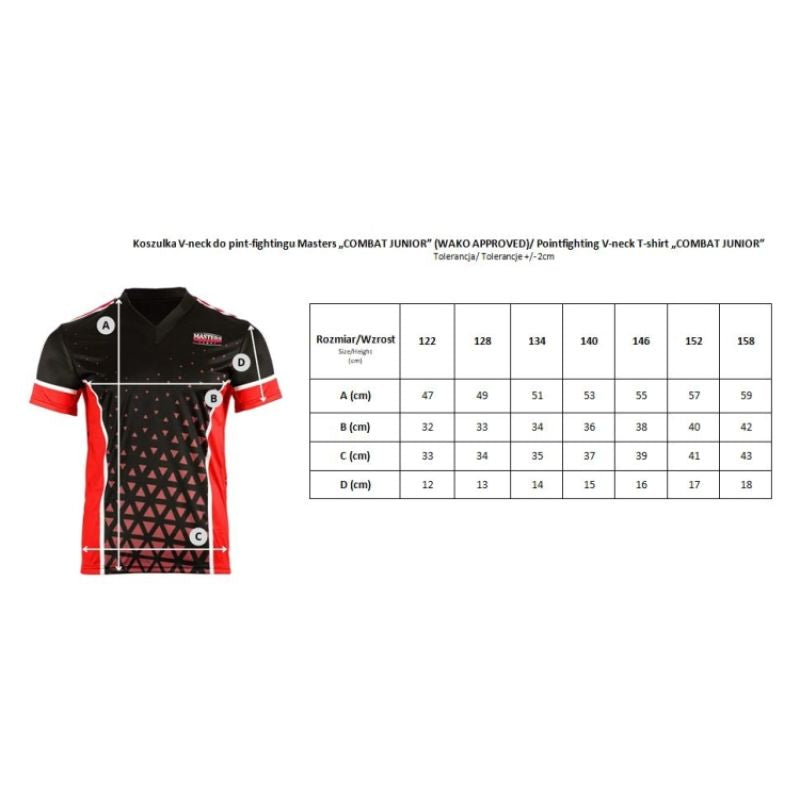 MASTERS FIGHT EQUIPMENT MASTERS "COMBAT JUNIOR" V-neck point-fighting shirt, black and red (WAKO APPROVED) piros póló 04338-CJ0102-140